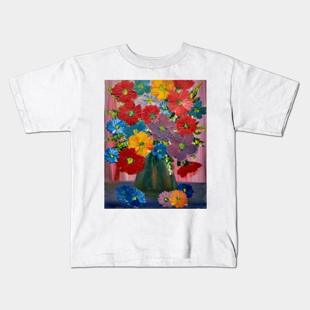 A beautiful bouquet of mixed flowers in a gold and turquoise vase Kids T-Shirt by kkartwork